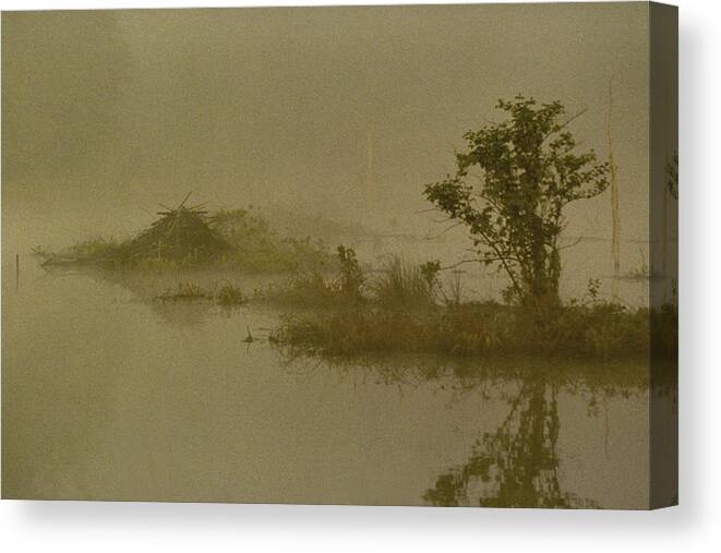 Pond Canvas Print featuring the photograph The Lodge In The Mist by Skip Willits