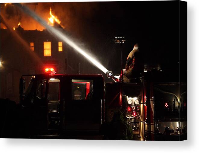 Fire Canvas Print featuring the photograph Water On The Fire From Pumper Truck by Daniel Reed