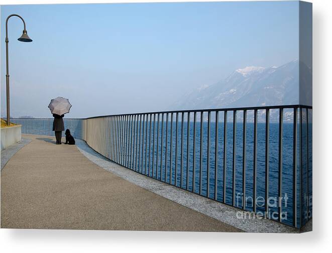 Woman Canvas Print featuring the photograph Woman and her dog on the path by Mats Silvan