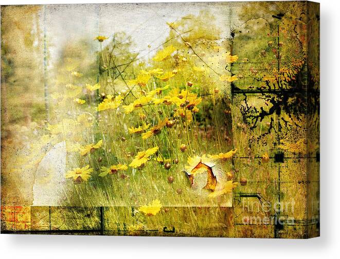 Flower Canvas Print featuring the mixed media Yellow Wildflower Field Abstract by Elaine Manley