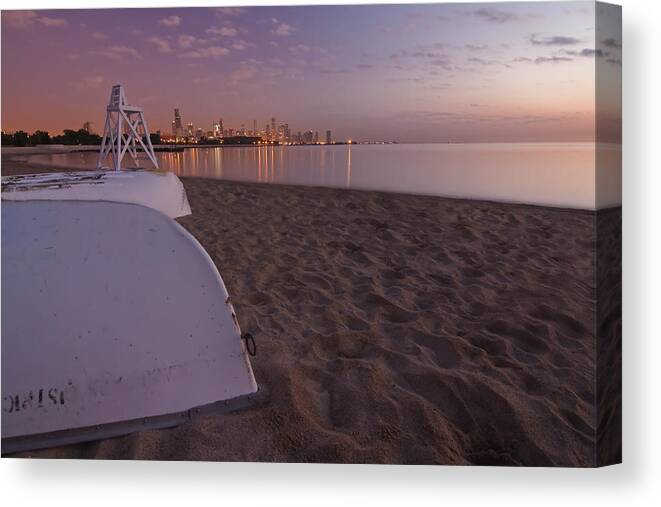 Boats Canvas Print featuring the photograph Beach and Chicago Skyline by Sven Brogren
