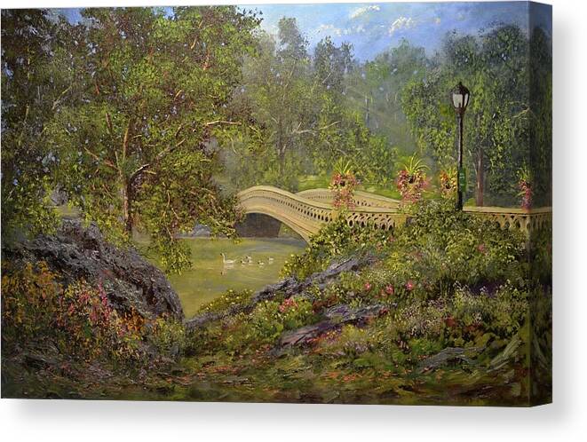 New York City Canvas Print featuring the painting Bow Bridge Central Park by Michael Mrozik