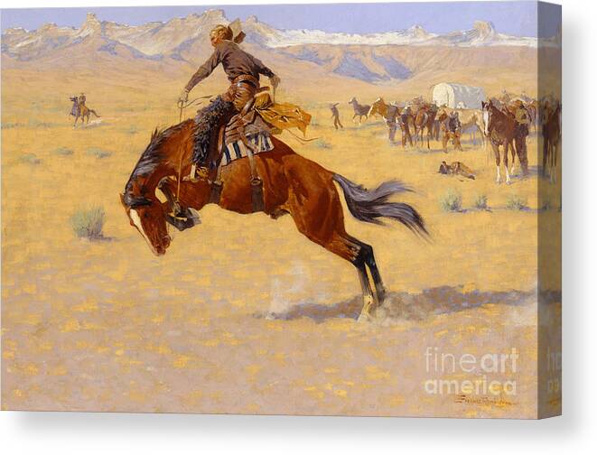 Cowboy; Horse; Pony; Rearing; Bronco; Wild West; Old West; Plain; Plains; American; Landscape; Breaking; Horses; Snow-capped; Mountains; Mountainous Canvas Print featuring the painting A Cold Morning on the Range by Frederic Remington