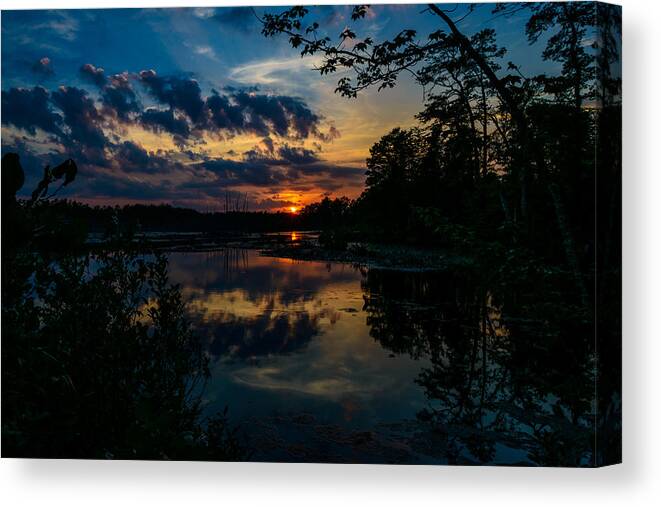 Goshen Pond Canvas Print featuring the photograph Soulful Sunset Pine Lands NJ by Louis Dallara
