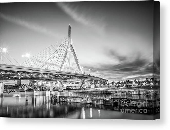 America Canvas Print featuring the photograph Boston Zakim Bridge at Night Black and White Photo #1 by Paul Velgos