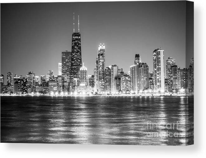 America Canvas Print featuring the photograph Chicago Lakefront Skyline Black and White Photo #1 by Paul Velgos