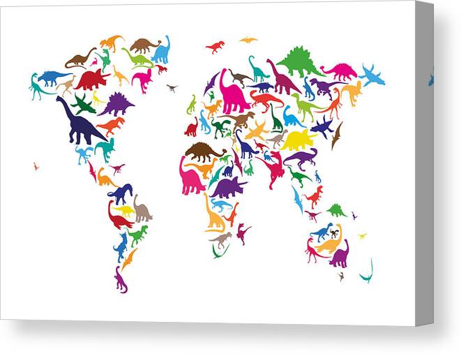World Map Canvas Print featuring the digital art Dinosaur Map of the World Map by Michael Tompsett