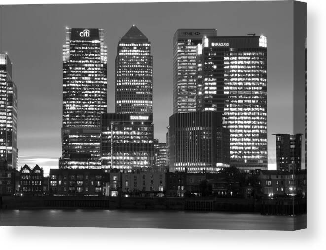 Canary Wharf Canvas Print featuring the photograph Docklands Canary Wharf sunset BW #1 by David French