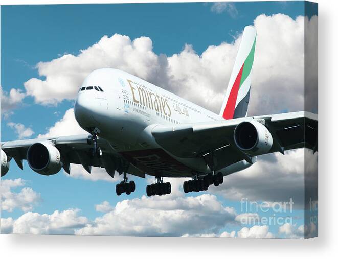 Airbus A380 Canvas Print featuring the digital art Emirates A380 by Airpower Art