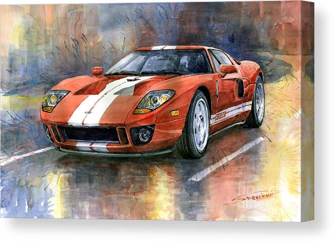 Watercolor Canvas Print featuring the painting Ford GT 40 2006 by Yuriy Shevchuk
