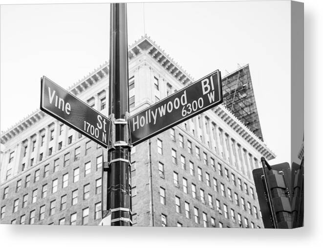 Los Angeles Canvas Print featuring the photograph Hollywood and Vine Street Sign #1 by John McGraw