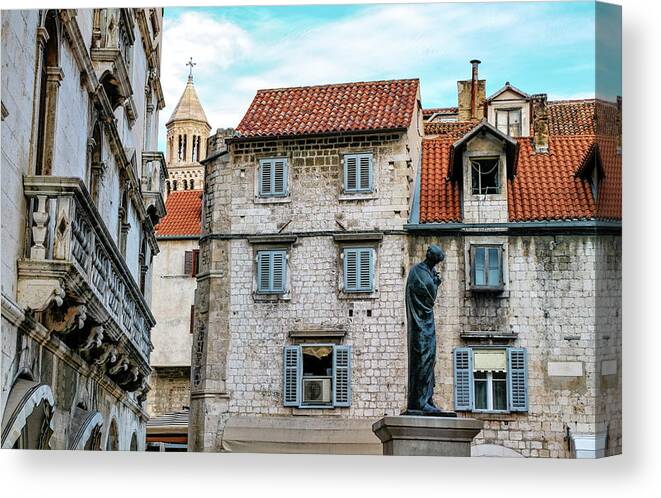 House Canvas Print featuring the photograph Houses and Cathedral of Saint Domnius, Dujam, Duje, bell tower Old town, Split, Croatia #1 by Elenarts - Elena Duvernay photo