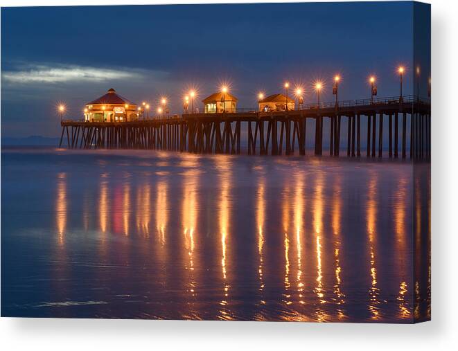 California Beach Canvas Print featuring the photograph Huntington Beach Pier at night by Dung Ma