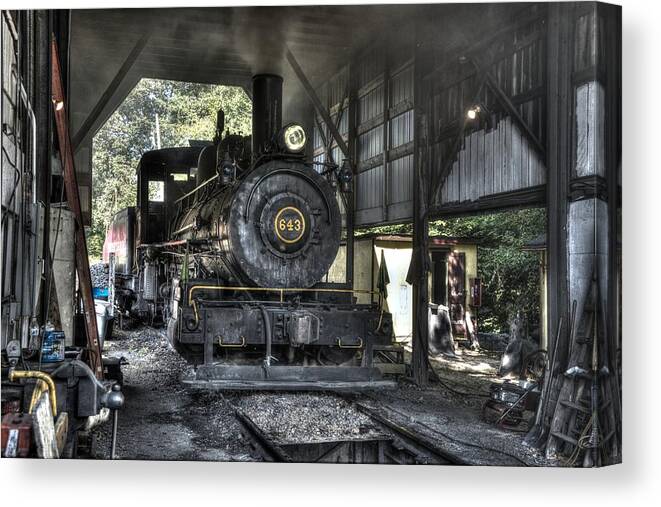 Engine Canvas Print featuring the photograph In the engine shed steaming up #1 by Paul W Faust - Impressions of Light