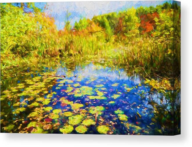 Autumn Canvas Print featuring the painting Lily Pond by Lilia D