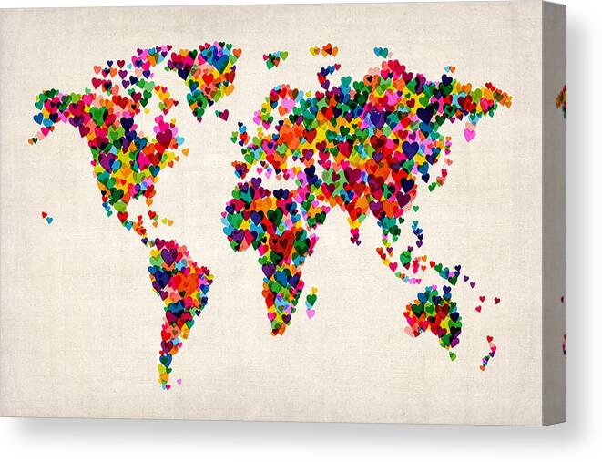 World Map Canvas Print featuring the digital art Love Hearts Map of the World Map by Michael Tompsett