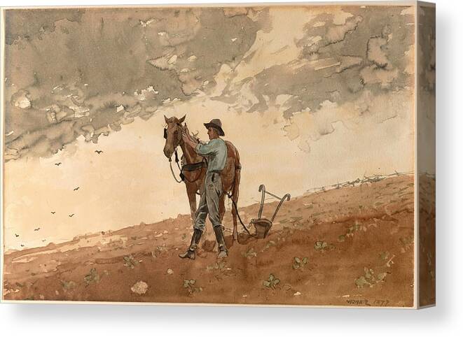 Winslow Homer Canvas Print featuring the drawing Man with Plow Horse by Winslow Homer