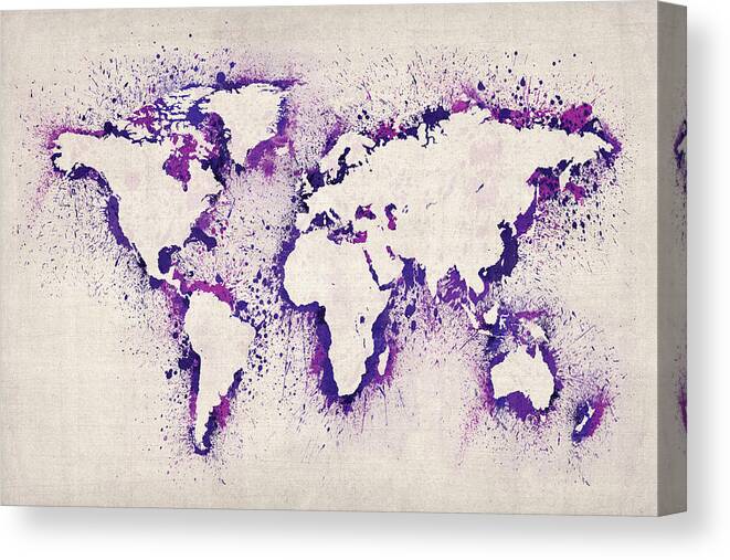 Map Of The World Canvas Print featuring the digital art Map of the World Paint Splashes #1 by Michael Tompsett