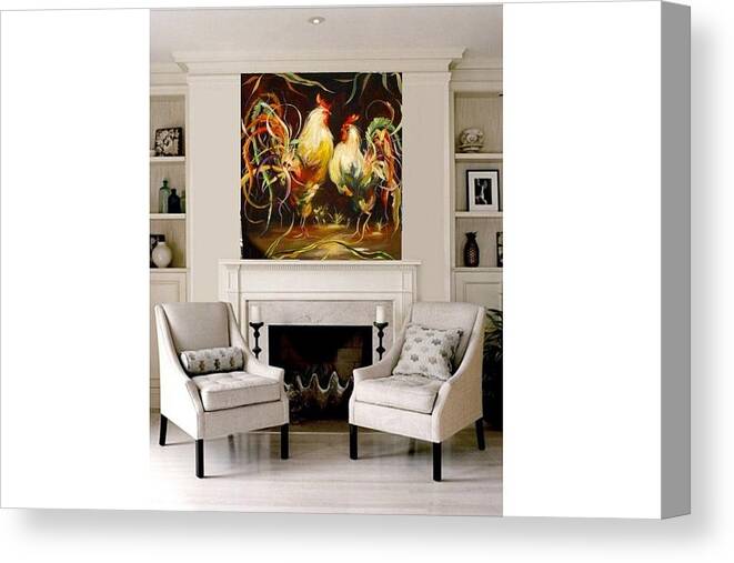 Birds? Rooster Canvas Print featuring the painting Meeting #1 by Heather Roddy