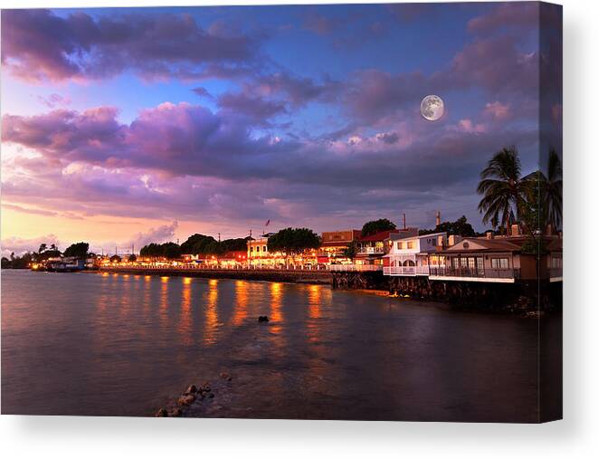 Lahaina Maui Hawaii City Lights Sunset Moon Seascape Canvas Print featuring the photograph Moon Over Maui #1 by James Roemmling