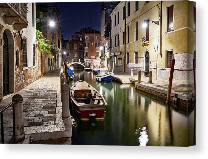 Venezia Canvas Print featuring the photograph Night Canal #1 by Marco Missiaja