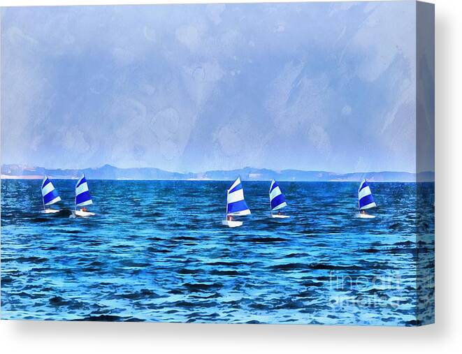 Optimist Canvas Print featuring the painting Optimist sailing boats #1 by George Atsametakis