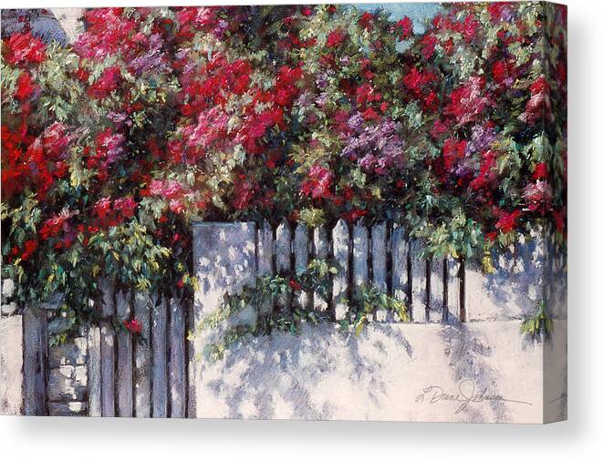 Climbing Roses On White Fence Canvas Print featuring the painting Ramblin Rose by L Diane Johnson