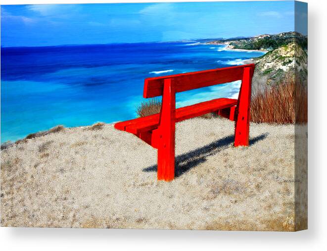 Beach Canvas Print featuring the painting Red Bench on the Beach #1 by Bruce Nutting