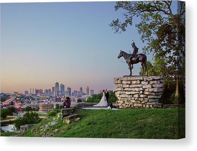 Scout Canvas Print featuring the photograph Scout and Kansas City Skyline #1 by Alan Hutchins