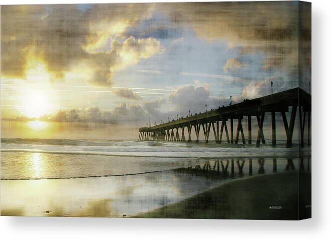  Canvas Print featuring the photograph Stormy Sunrise At Johnnie Mercer's Pier #2 by Phil Mancuso