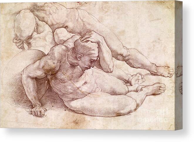 Raphael Canvas Print featuring the drawing Study of Three Male Figures by Michelangelo