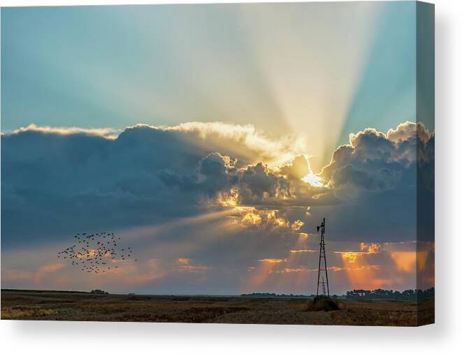 Kansas Canvas Print featuring the photograph Sunrise and Windmill -01 #1 by Rob Graham