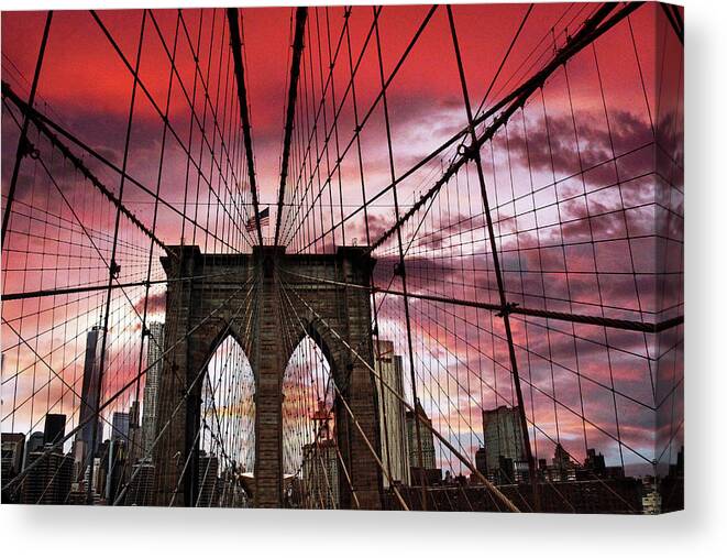 Brooklyn Bridge Canvas Print featuring the photograph Sunset Gothic #1 by Jessica Jenney