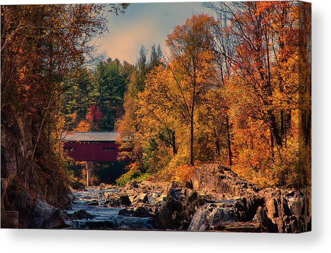 Northfield Falls Covered Bridge Canvas Print featuring the photograph Vermont covered bridge over the Dog River #4 by Jeff Folger