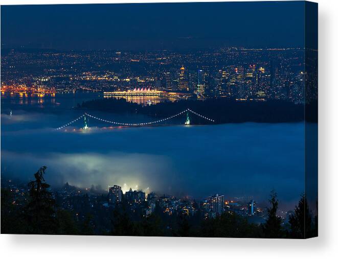 Autumn Canvas Print featuring the photograph View of Lions Gate Bridge and Vancouver in the Fog by Michael Russell