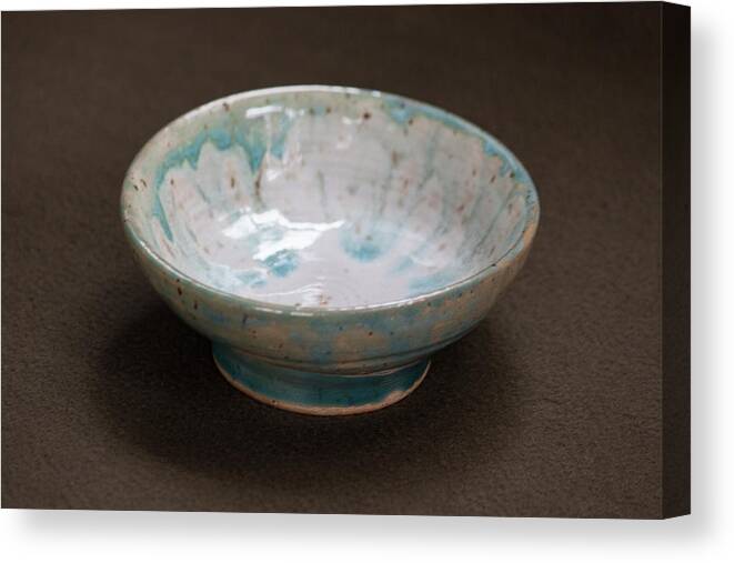Ceramic Canvas Print featuring the ceramic art White Ceramic Bowl with Turquoise Blue Glaze Drips #2 by Suzanne Gaff