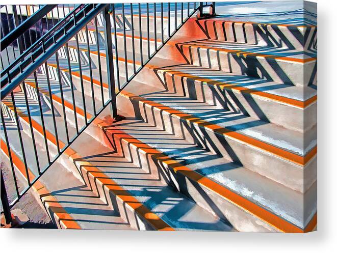 Repetition Canvas Print featuring the photograph Zig Zag Shadows On Train Station Steps by Gary Slawsky