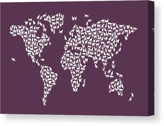 World Map Canvas Print featuring the digital art Cats Map of the World Map #10 by Michael Tompsett