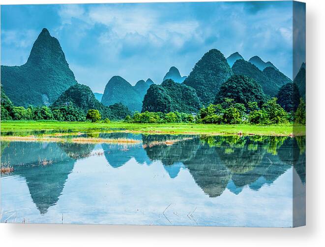 Karst Canvas Print featuring the photograph Karst rural scenery in raining #126 by Carl Ning