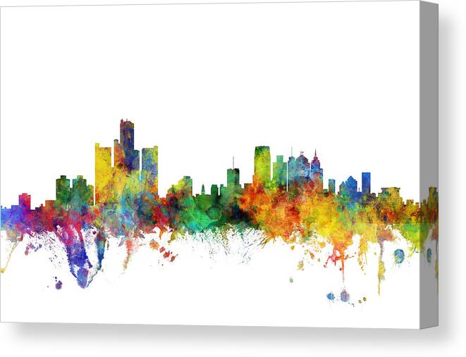 Detroit Canvas Print featuring the digital art Detroit Michigan Skyline #14 by Michael Tompsett