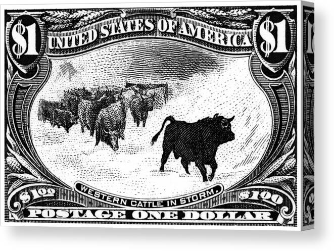 American West Canvas Print featuring the painting 1898 Western Cattle in Storm Stamp by Historic Image