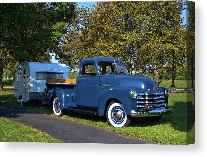 1950 Canvas Print featuring the photograph 1950 Chevrolet Pickup Truck with Camper Trailer by Tim McCullough