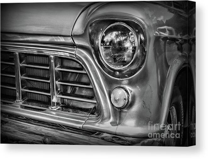 Paul Ward Canvas Print featuring the photograph 1955 Chevy Pick Up Truck Front Quarter Panel in black and white by Paul Ward