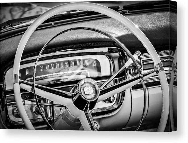 1956 Cadillac Steering Wheel Canvas Print featuring the photograph 1956 Cadillac Steering Wheel -0480bw by Jill Reger