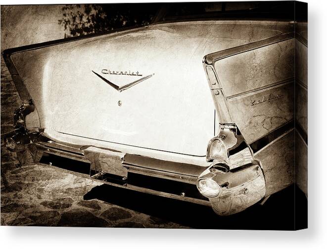 1957 Chevrolet Belair Tail Emblem Canvas Print featuring the photograph 1957 Chevrolet Belair Tail Emblem -068s by Jill Reger