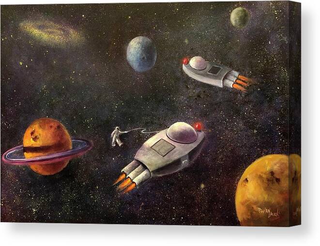 Outer Space Canvas Print featuring the painting 1960s Outer Space Adventure by Rand Burns