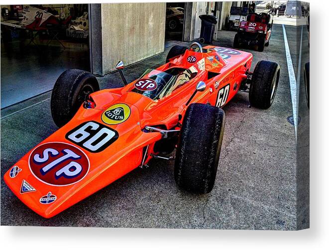 Josh Williams Photography Canvas Print featuring the photograph 1968 Lotus 56 Turbine Indy Car #60 angle by Josh Williams