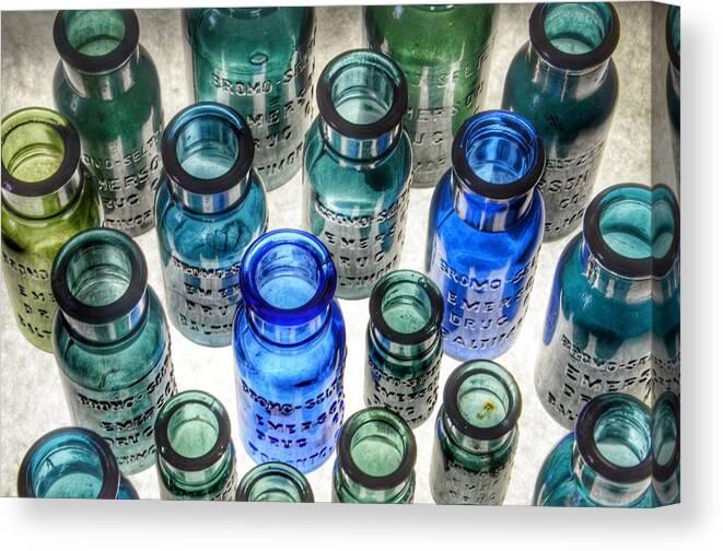 Bromo Seltzer Vintage Glass Bottles Canvas Print featuring the photograph Bromo Seltzer Vintage Glass Bottles Collection - Rare Greens #2 by Marianna Mills