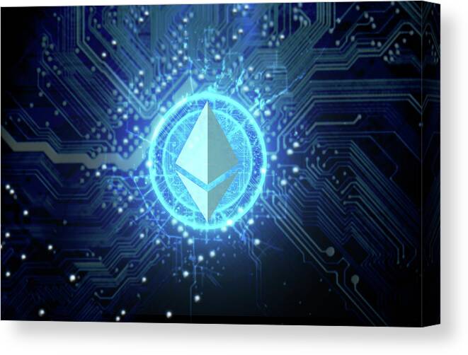 Ethereum Canvas Print featuring the digital art Cryptocurrency Hologram And Circuit Board #2 by Allan Swart