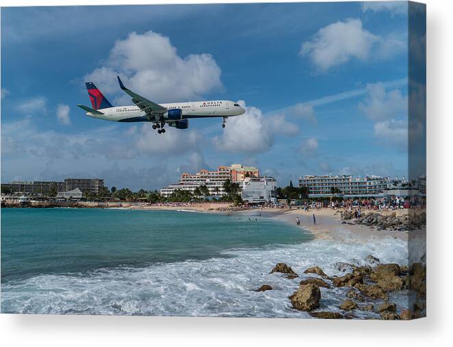Delta Air Lines Canvas Print featuring the photograph Delta Air Lines landing at St. Maarten #2 by David Gleeson